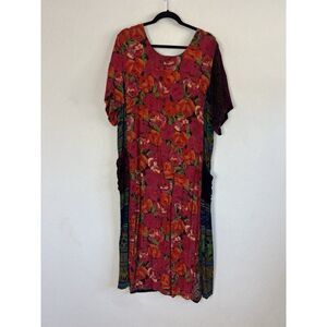 Njeri Vintage Floral Maxi Sheath Dress Patchwork Print Patch Pockets Size 1X